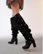 King premium suede over the knee boots with gold studs in black